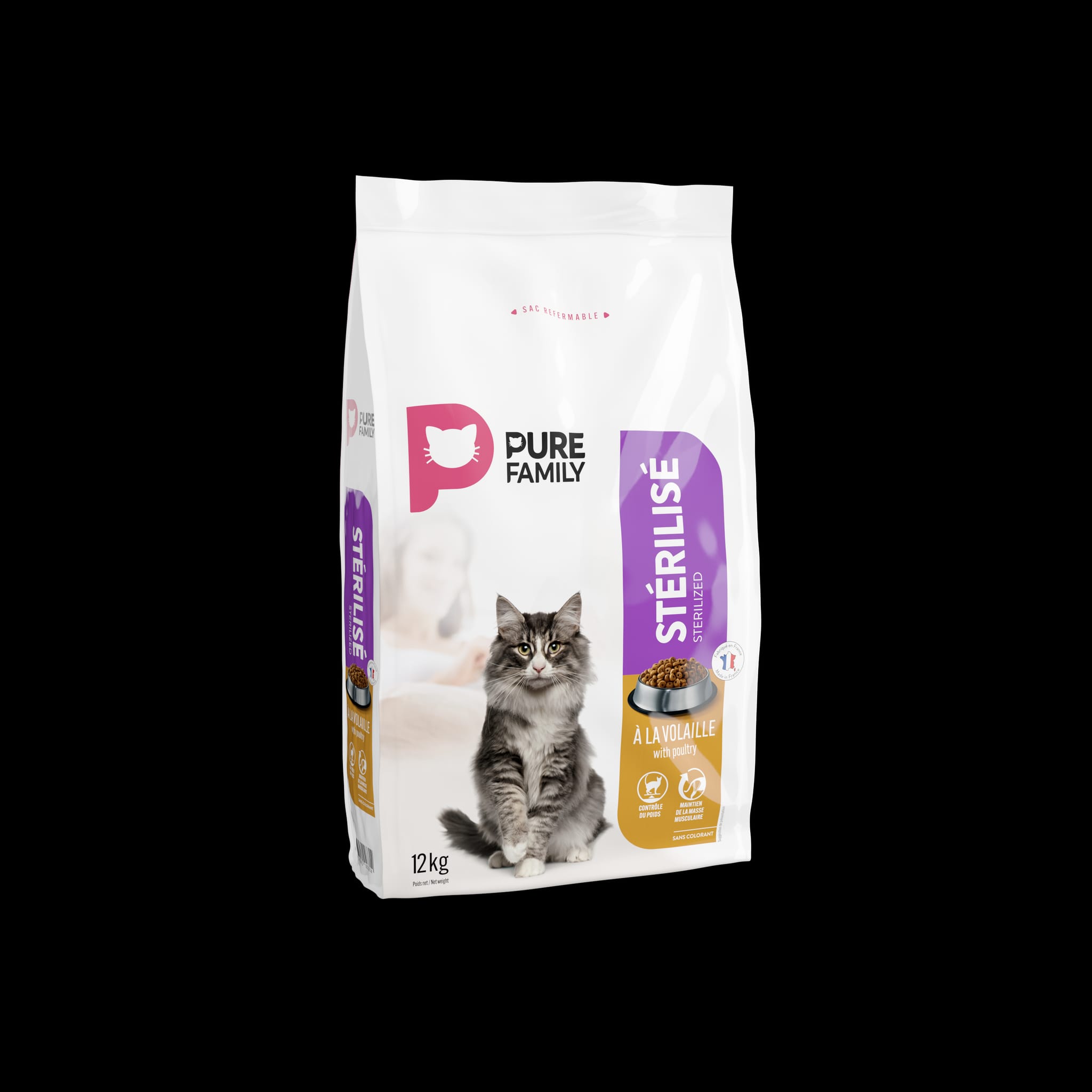 Croquettes chat stérilisé à la volaille 12kg - Pure Family