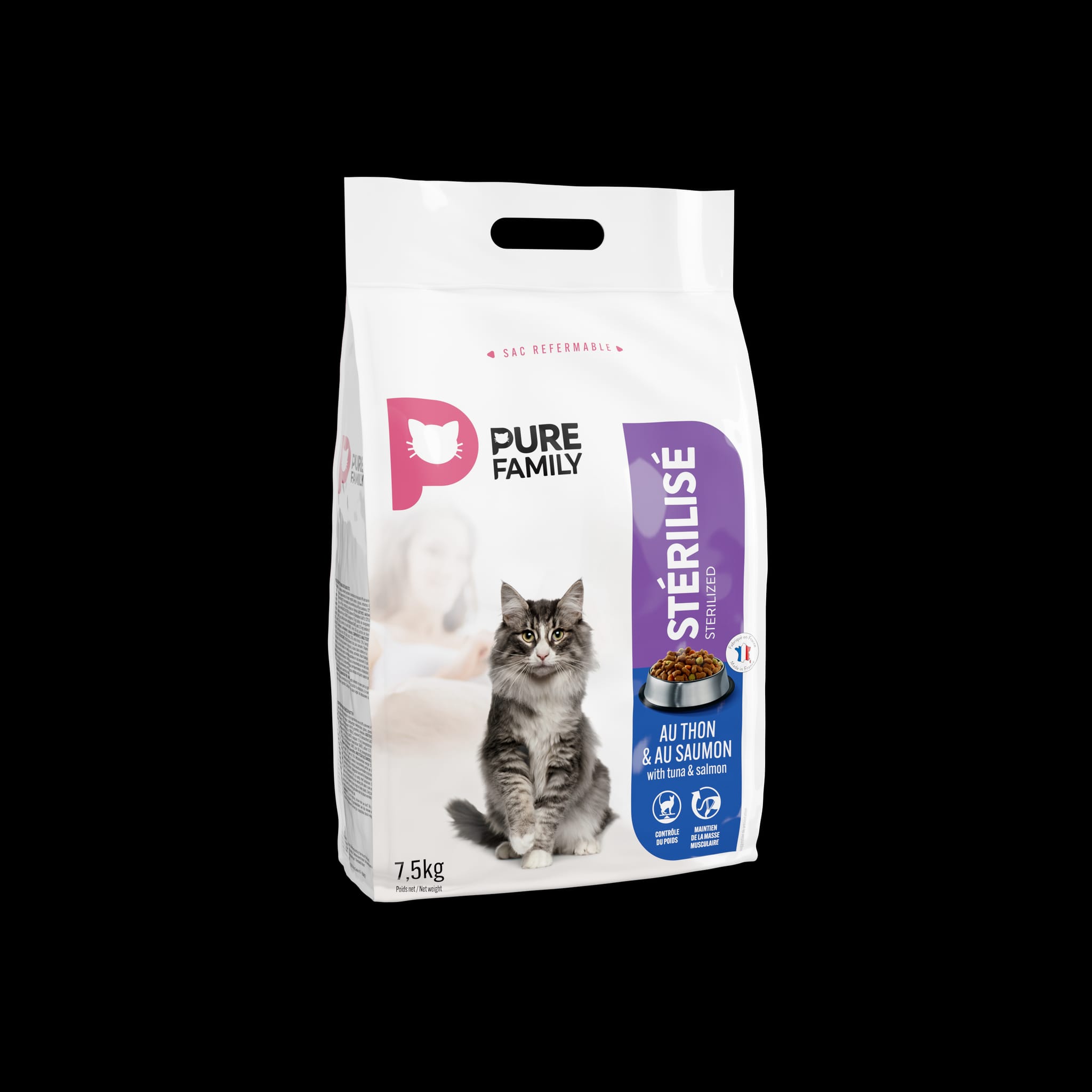 Croquettes chat stérilisé au thon et saumon 7,5kg - Pure Family