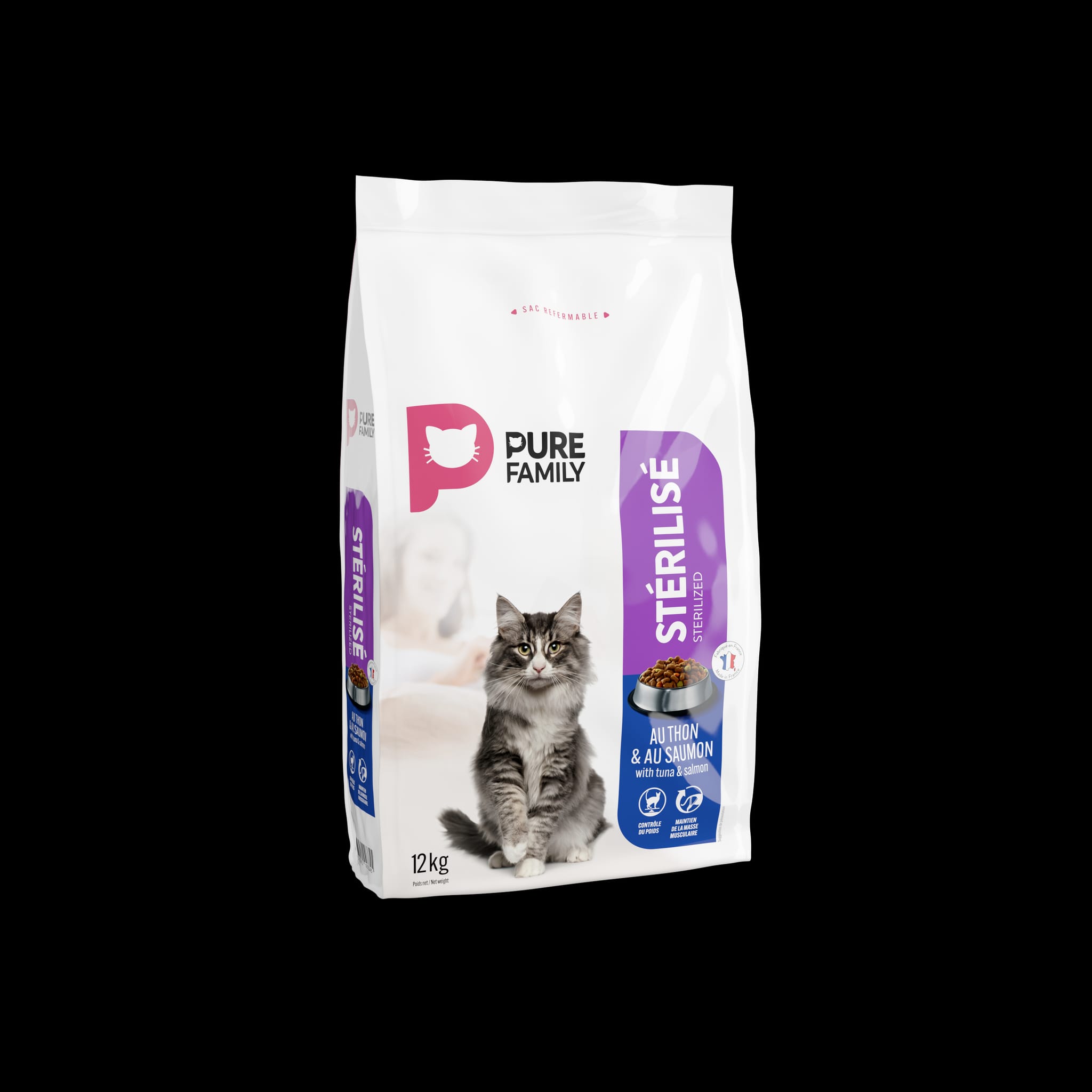 Croquettes chat stérilisé au thon et saumon 12kg - Pure Family