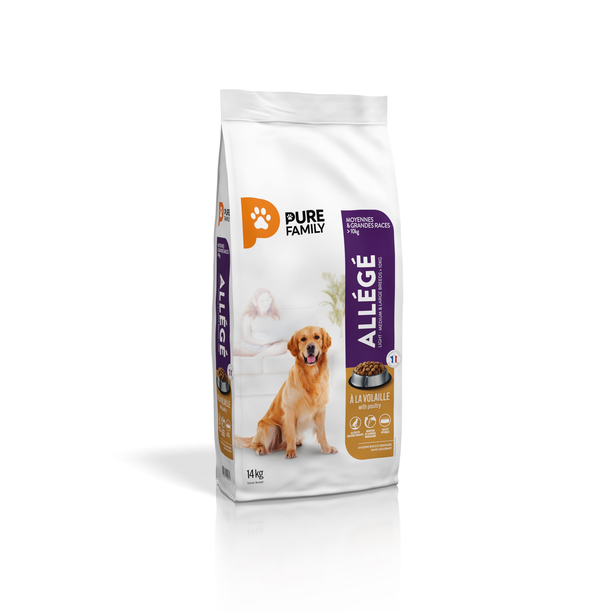 Croquettes chien de moyenne/grande taille allégées volaille 14 kg - PURE FAMILY