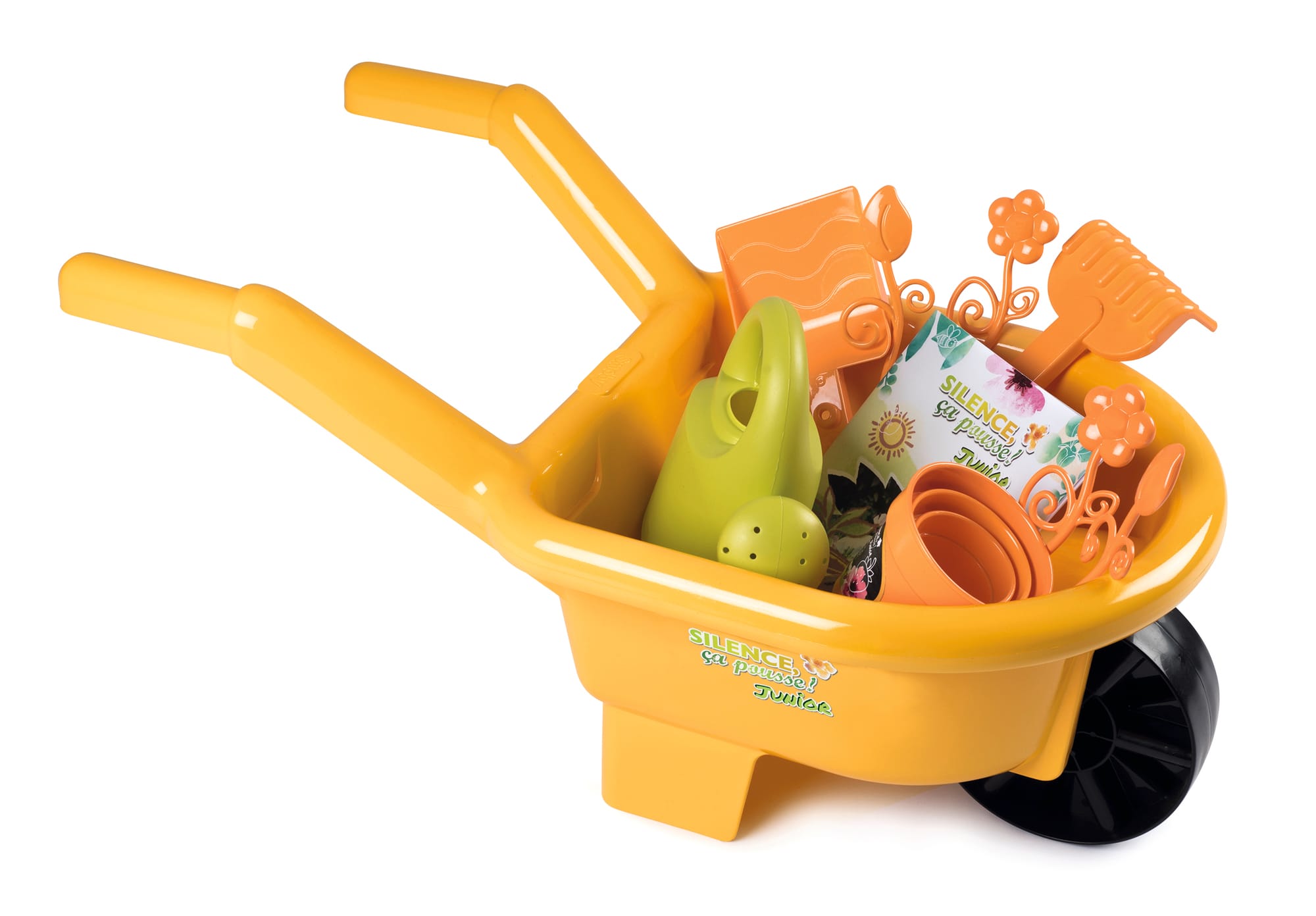 Brouette jardin aux couleurs de "Silence, ça pousse !" garnie. A partir de 3 ans. Fabrication FR