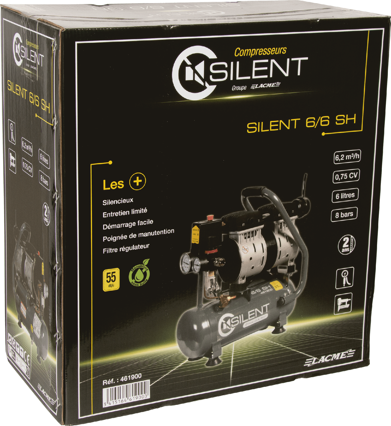 Compresseur portatif SILENT 6/6 SH - 6 m³/h monophasé - 6 litres - 8 bar - LACMÉ